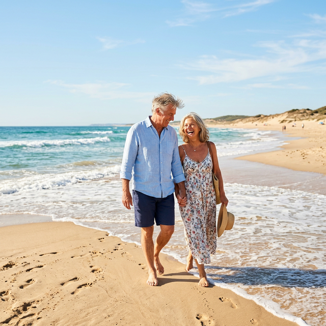 Older couple happily walking on the beach after receiving depression treatment from BrainWellnessCenter